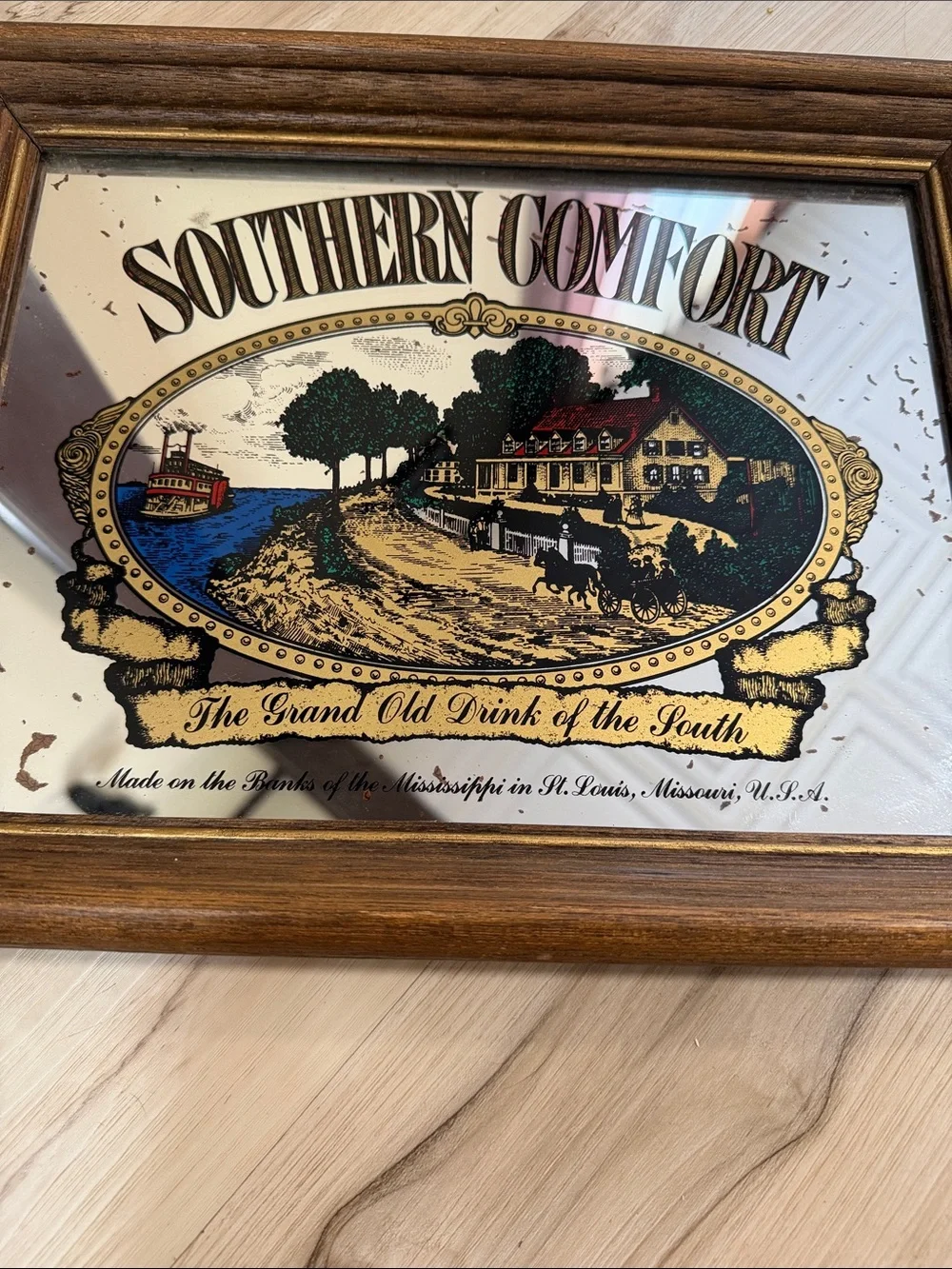 Southern Comfort Frame Advertising Mirror St. Louis Mississippi River Rustic Bar